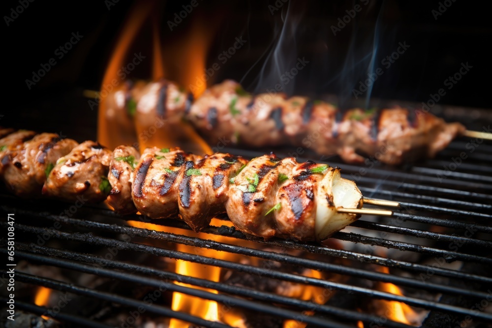 Poster grilled sausages splitting under the high heat on a grill