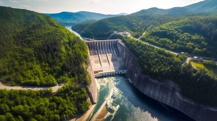 Hydroelectric dam on a river in the mountains, aerial view - obrazy, fototapety, plakaty