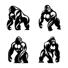 set of simple black and white gorilla illustrations