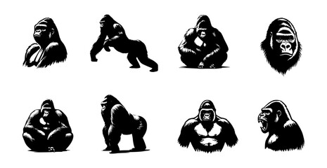 set of gorilla silhouettes on isolated background - obrazy, fototapety, plakaty