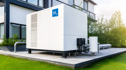 Hydrogen fuel cell energy generator near a residential building, clean energy for the home - obrazy, fototapety, plakaty