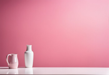 A white table with a pink background. High quality photo.	 - obrazy, fototapety, plakaty
