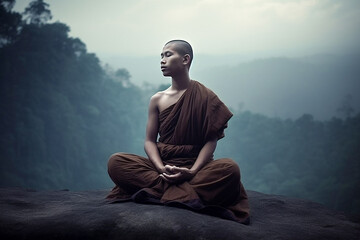 Monk meditates with his eyes closed. - obrazy, fototapety, plakaty