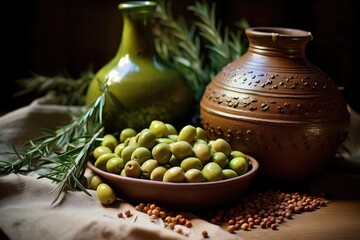 green olives tumble out of a traditional clay jar