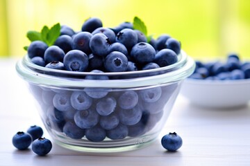 close-up shot of ripe blueberries in a white bowl