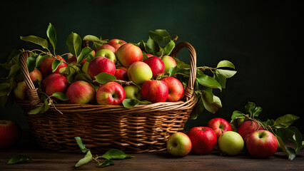 A basket filled with juicy apples on a black background.