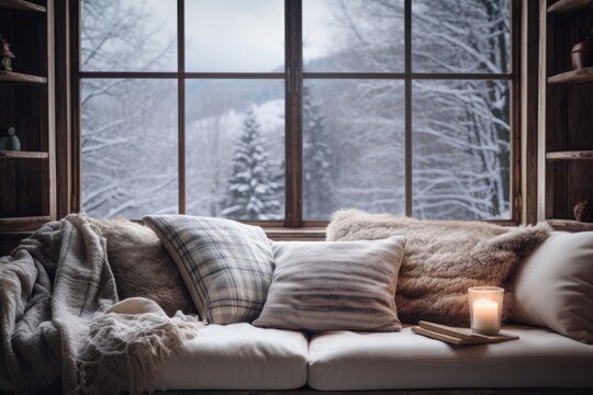 Fototapeta snowy window view with a cozy couch