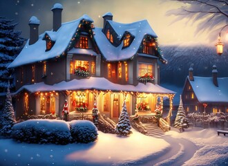 Wundersch&ouml;nes Haus mit Weihnachtsbeleuchtung in einem kleinen romantischen verschneiten Dorf