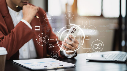 Zero trust security concept Person using computer and tablet with zero trust icon on virtual screen...