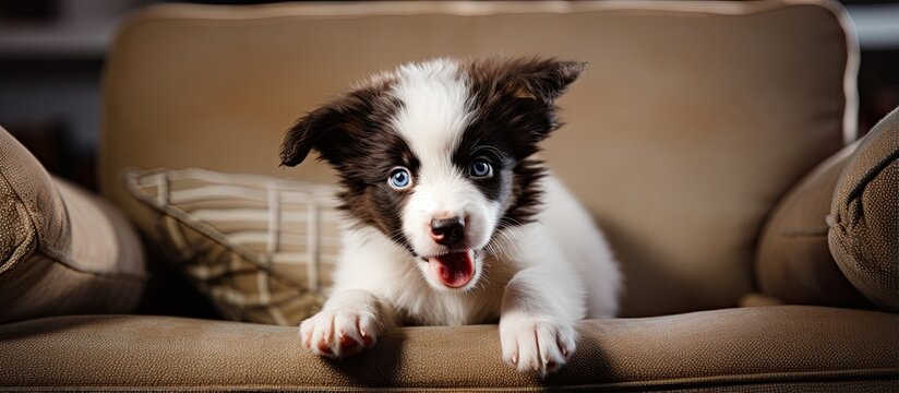 Border Collie puppy chews home furniture
