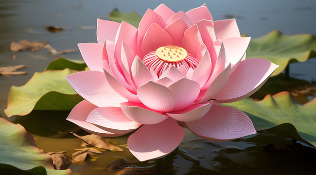 pink paper bloom lotus with green leaves, generative ai