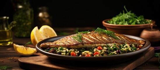 Italian dish Grilled sea bass fillet with vegetable tabouleh on a ceramic plate accompanied by olives olive oil and buckwheat bread - obrazy, fototapety, plakaty