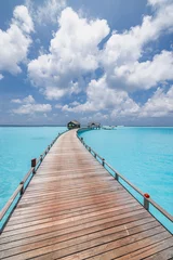 Fotobehang Panoramic landscape of Maldives beach. Tropical resort luxury water villa resort wooden pier. Popular travel destination background for summer holiday best vacation. Exotic sea bay sunny sky clouds © icemanphotos