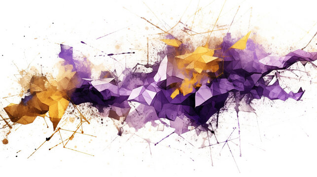 Mixed Abstract Art of Watercolor Purple and Gold Color Wavy and Curve Triangle Particles on White Background