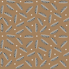 Embroidery floral seamless pattern on linen cloth texture for textile, home decor.Floral Seamless Texture With 3d Leaves.Seamless pattern of a leaf pattern with background in brown theme polka dot