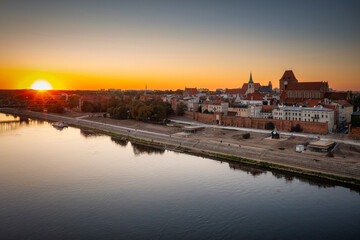 Wisla river by the Torun city at sunset, Poland.