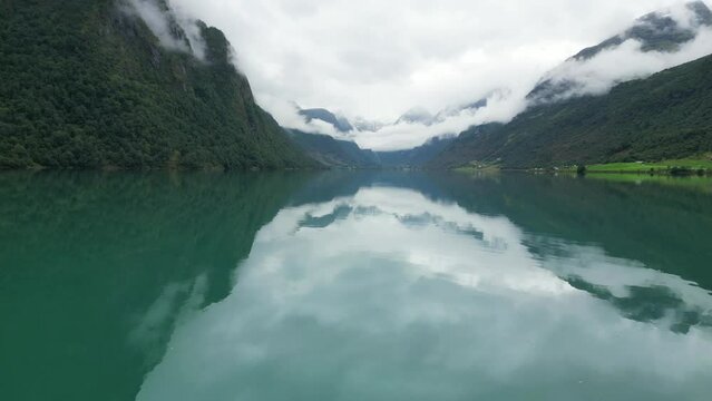 Blue Turquoise Oldevatnet Lake in Loen, Vestland, Norway - Aerial
