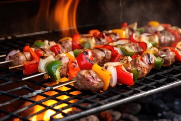 sausage and bell pepper kebabs atop an open flame grill