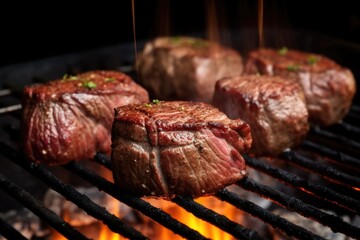 seasoned skewered beef steaks slowly rotating over a hot charcoal grill - obrazy, fototapety, plakaty
