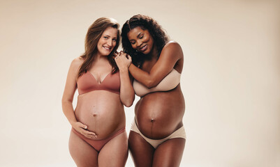 Friends with bellies: Two women holding hands and supporting each other through pregnancy - obrazy, fototapety, plakaty