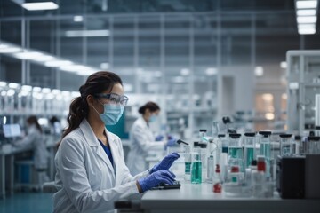Female microbiologists or scientists conduct research, experiments, and analyses in a modern medical laboratory. Evolution, science, pandemic, health, technology concepts - obrazy, fototapety, plakaty