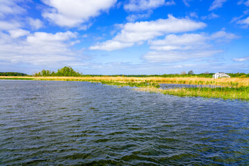 View of Lake Zalew Kamienski. Landscape at the lagoon of the Dziwna, which flows into the Baltic Sea. Nature in the Polish West Pomeranian Voivodeship.
