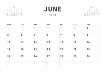 Monthly page Calendar Planner Templates of June 2024. Vector layout of simple calendar with week start Monday for print. Page for size A4 or 21x29.7 cm