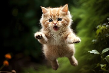 Naklejka na ściany i meble A playful kitten mid-leap with a funny expression. A positive day.