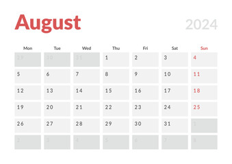 Monthly page Calendar Planner Templates of August 2024. Vector layout of simple calendar with week start Monday for print. Page for size A4 or 21x29.7 cm