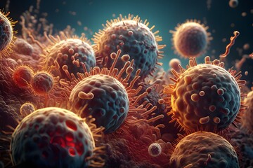 A microscopic close-up image of a virus attacking a cell. - obrazy, fototapety, plakaty