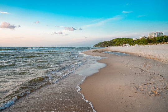 Beach near Misdroy in Poland. Natural coastal section on the Polish Baltic Sea. Landscape by the sea with wide sandy beaches.