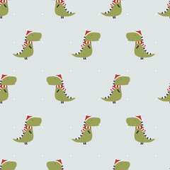 Vector seamless pattern with cute dinosaurs with christmas red hat. Cartoon design for textile, books, phone cases.