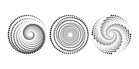 Collection of bold black halftone dotted speed lines. Speed line in circle shape