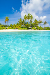 Amazing sunny panorama at Maldives. Luxury resort seascape. Majestic sea waves coconut palm trees sand sunshine sky. Beauty paradise beach popular destination. Best summer vacation travel background