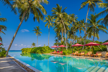 Stunning landscape, swimming pool sunny blue sky. Tropical resort hotel in Maldives. Fantastic...