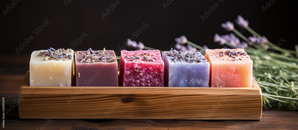 Wall mural Handcrafted soap in a wooden box set on a wooden backdrop with beauty and fragrance