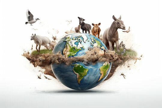 Planet earth with animals on white background, World Wild life Day , Ai Generative.