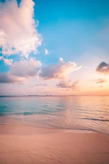 Fotobehang Closeup sea waves sand beach. Panoramic beach landscape. Inspire tropical coast seascape horizon. Stunning sunset sunlight colors, tranquil peaceful sky calm water. Happy positive vacation travel mood © icemanphotos
