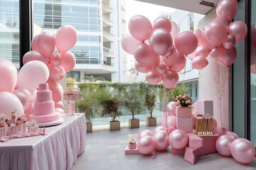 children's birthday party, the room is decorated in pink tones with balloons, with gifts and with treats on the table
