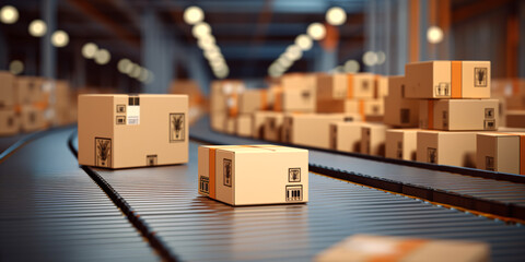 Conveyor belt in a distribution warehouse with row of cardboard box packages for e-commerce delivery and automated logistics concepts. digital AI - obrazy, fototapety, plakaty