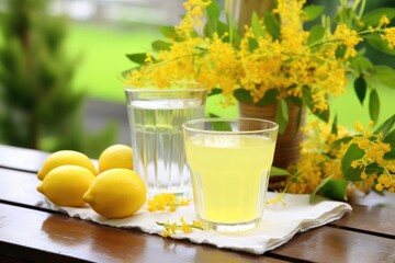 Fototapeta premium fresh lemonade on an outdoor table with blossoming spring branches