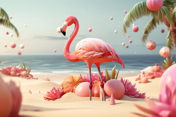 Summer concept pink Flamingo on the beach, Ai Generative.