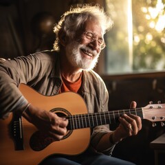 Middle aged man plays guitar