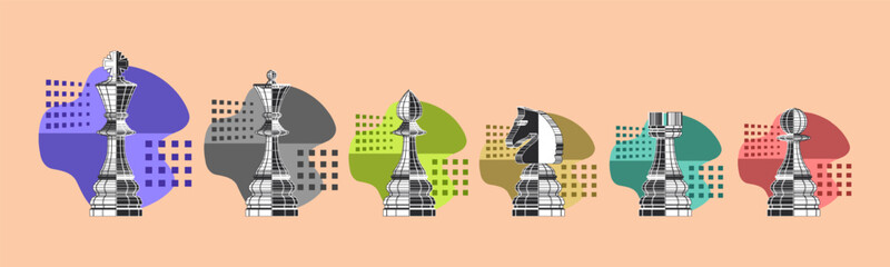 Fototapeta premium Vector set of contour polygonal black and white chess pieces with colored spots. Gaming icons. King, queen, bishop, knight, rook and pawn. Light background.