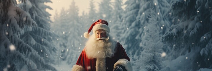 Santa Claus against a snowy setting - obrazy, fototapety, plakaty