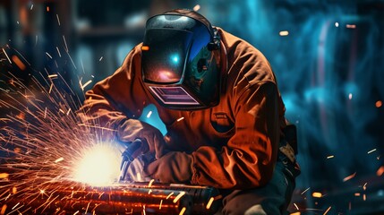 Welder in action with sparks flying. industrial craft