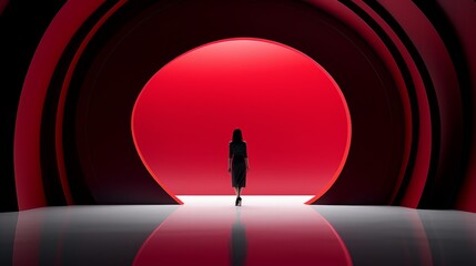 Woman walking through a portal art installation