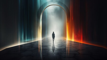 Woman walking through a portal art installation