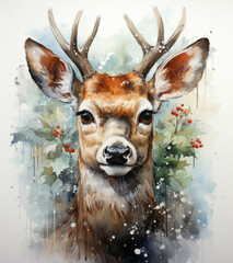 Santa's reindeer, holiday ornament, Christmas decoration, pure white background, watercolor. Generative AI.