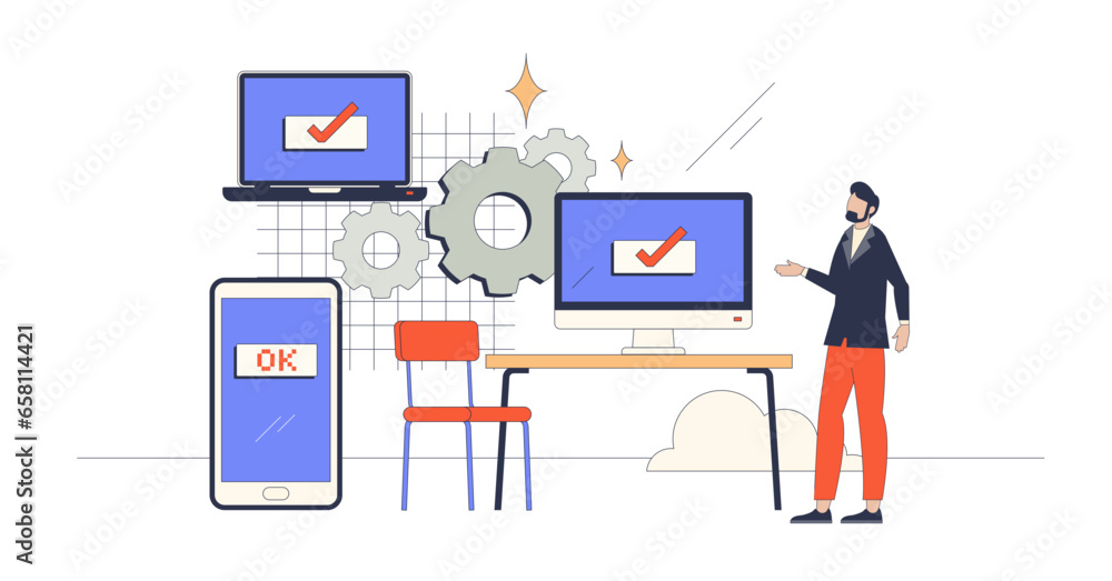 Poster synchronized business on multiple web platforms retro tiny person concept, transparent background. t